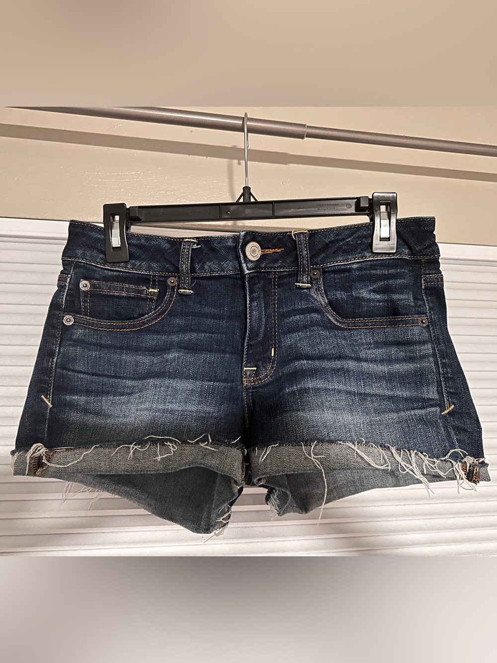 American Eagle Dark Blue Denim Cutoff Shorts with Frayed Hem